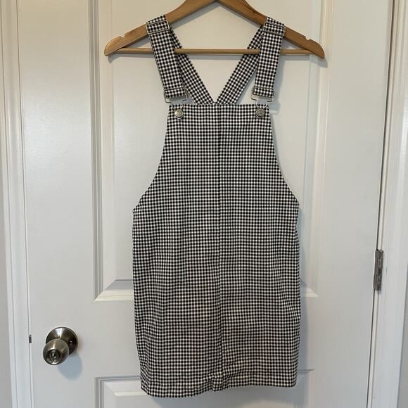Gingham Overall Mini Dress Black White Women's Small Stretchy Casual Grunge 90s - Picture 2 of 7